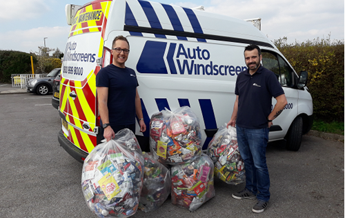 Auto Windscreens staff recycling crisp packets
